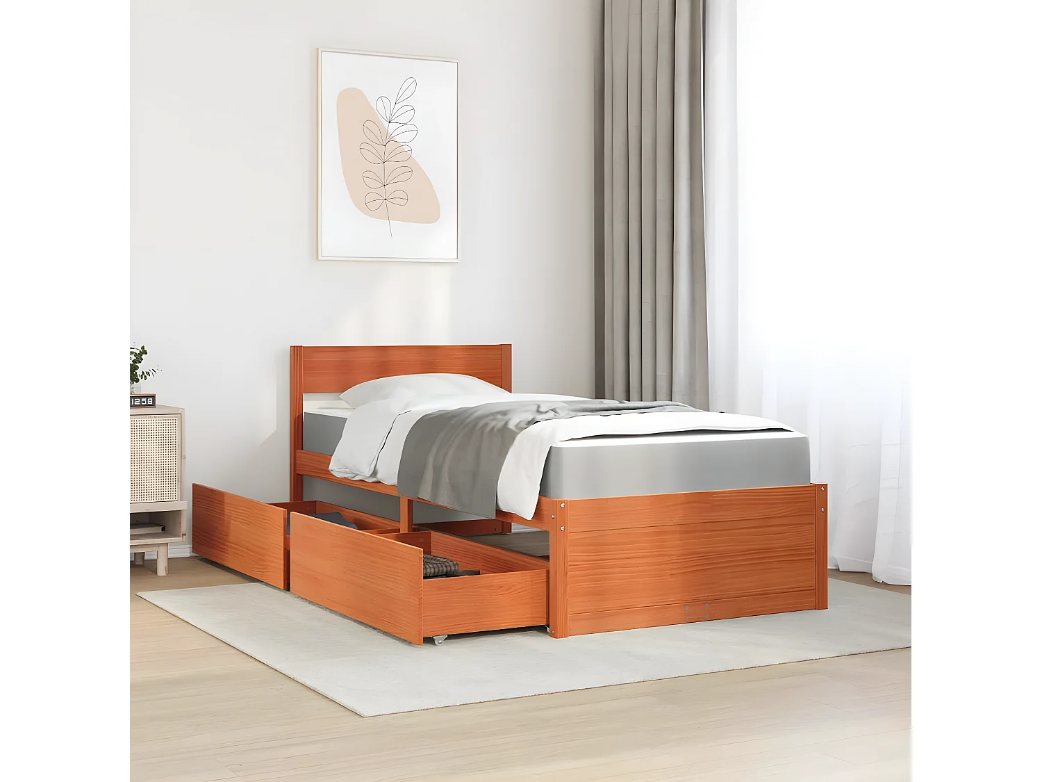 Cama con cajones y colchón madera pino marrón cera 90x190 cm