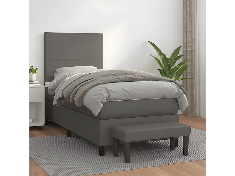 Cama box spring con colchón cuero sintético gris 90x200 cm