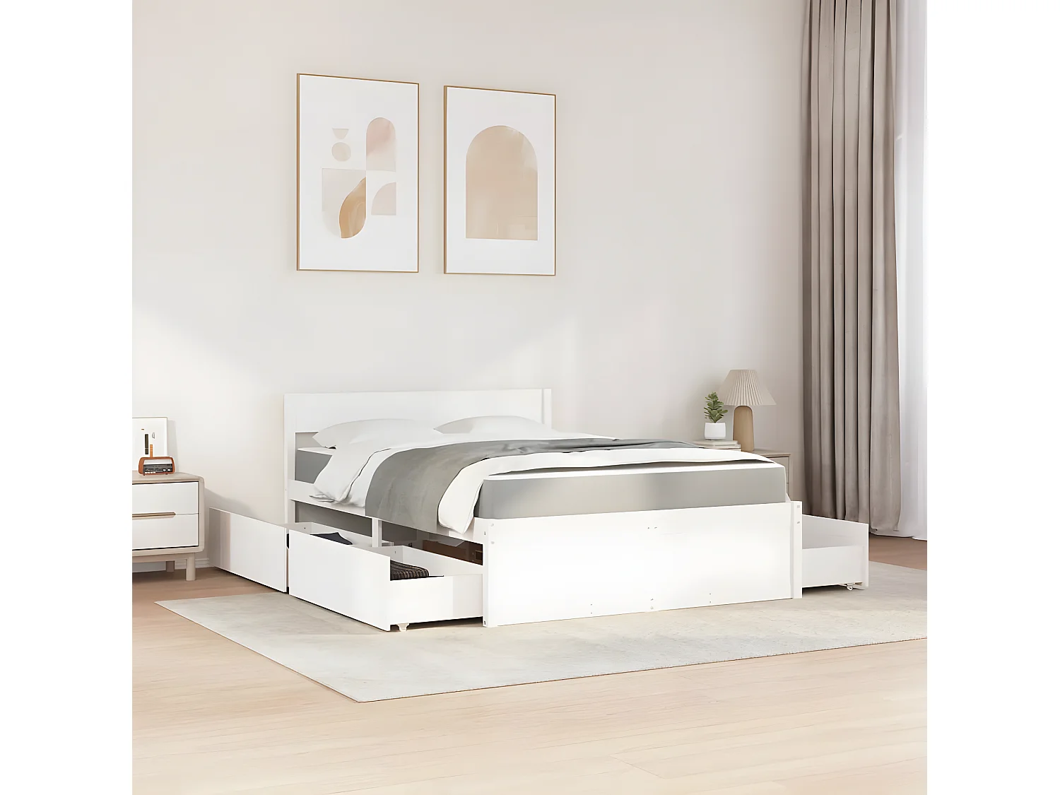 Cama com gavetas e colchão 140x190 cm pinho maciço branco