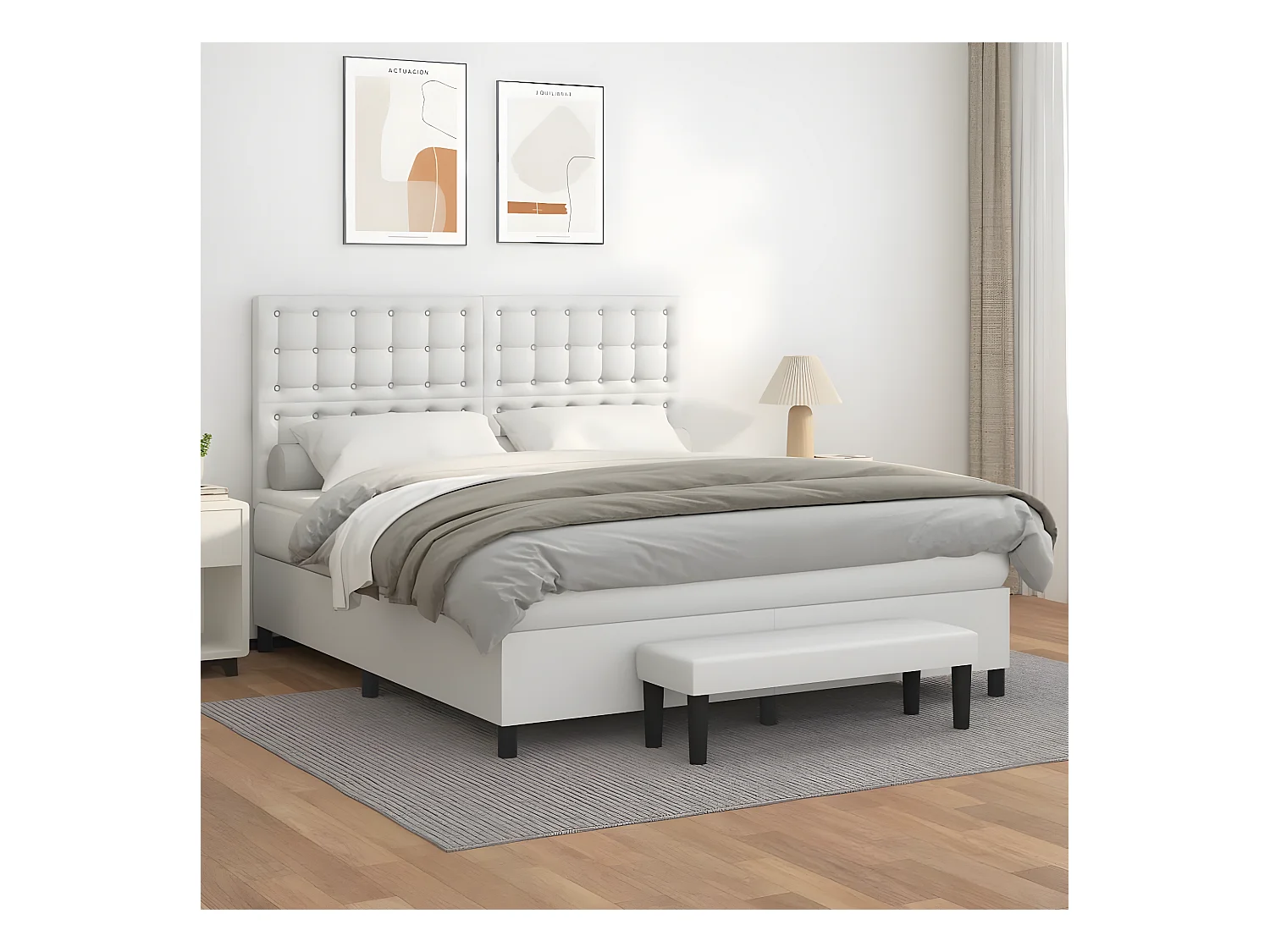 Cama box spring con colchón cuero sintético blanco 160x200 cm