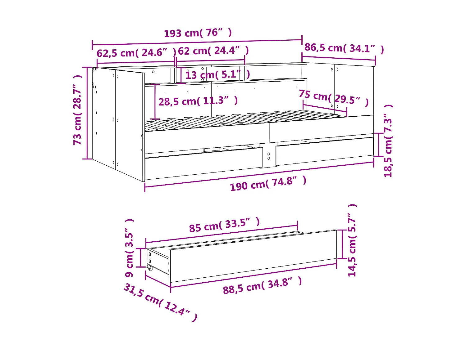 Lit de jour et tiroirs chêne marron 75x190 cm bois d'ingénierie