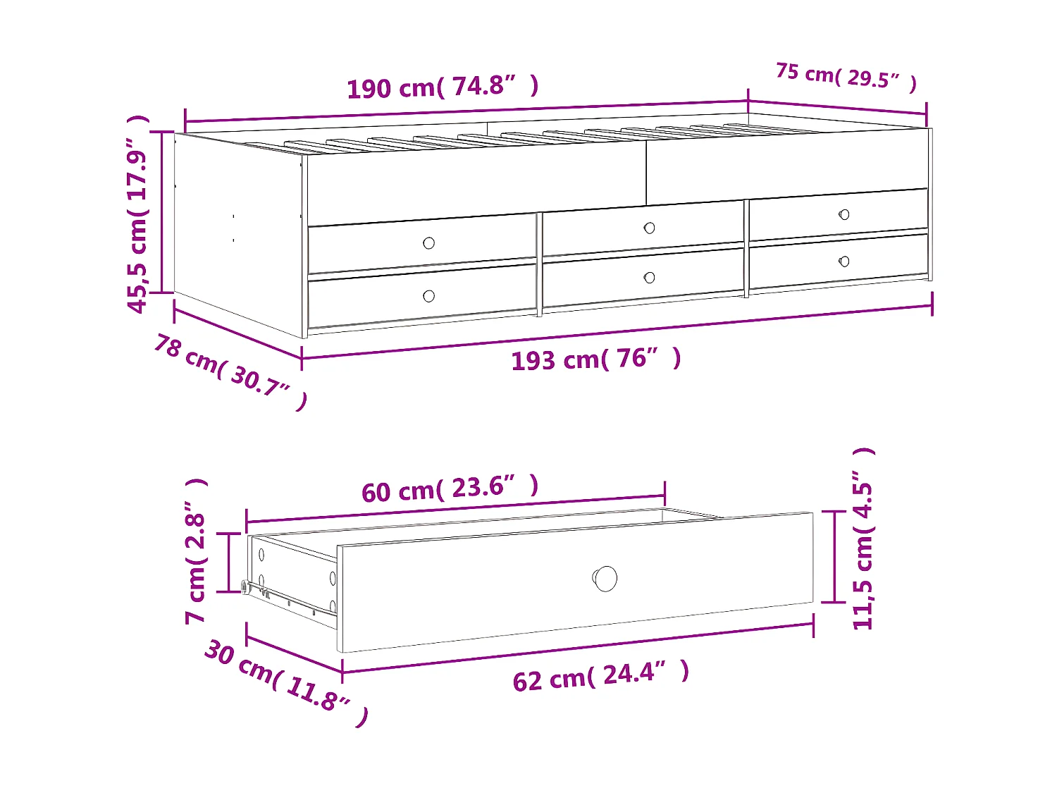 Lit de jour et tiroirs chêne sonoma 75x190cm bois d'ingénierie