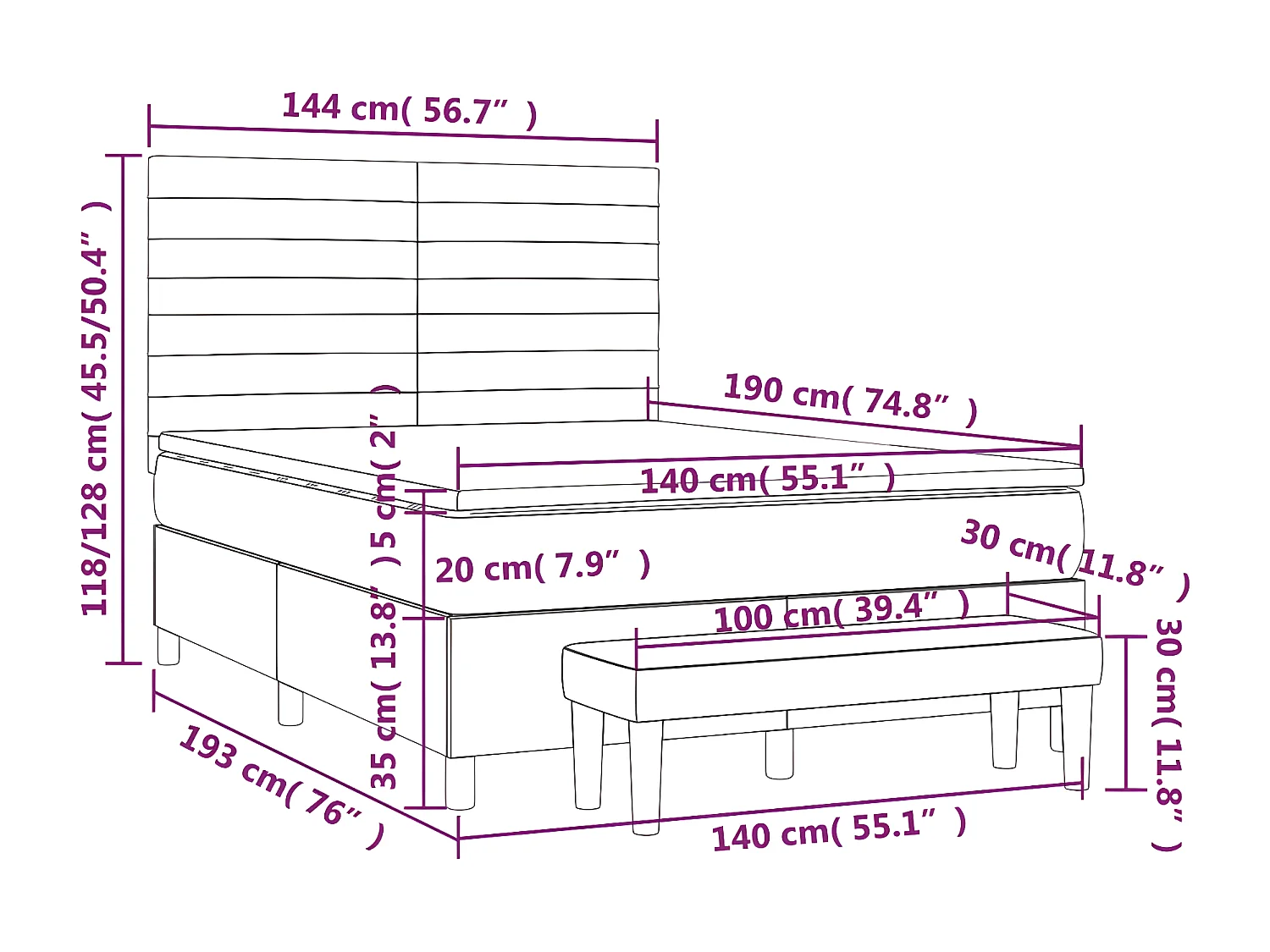 Cama box spring con colchón tela color crema 140x190 cm