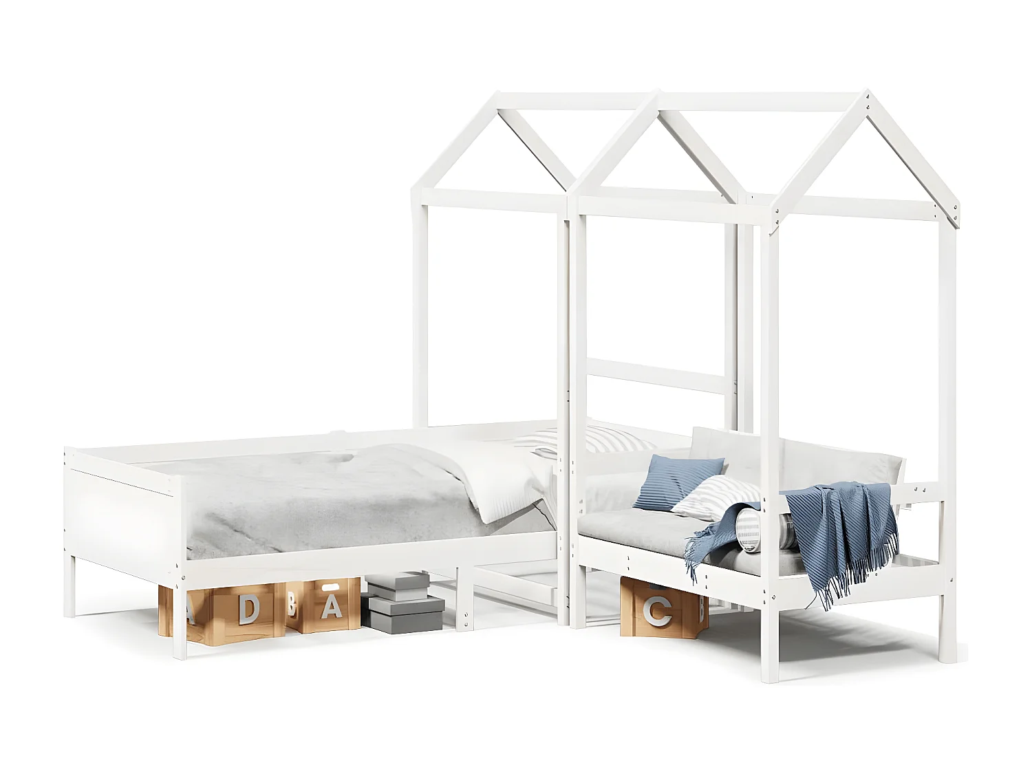 Conj. sofá-cama e banco c/ telhado 90x190cm pinho maciço branco