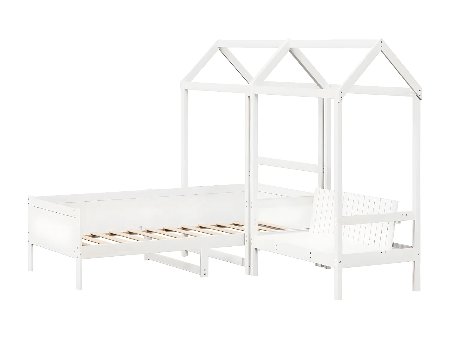 Conj. sofá-cama e banco c/ telhado 90x190cm pinho maciço branco