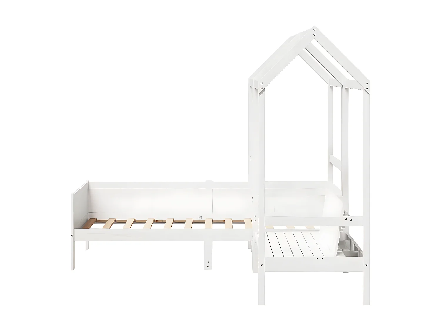 Conj. sofá-cama e banco c/ telhado 90x190cm pinho maciço branco