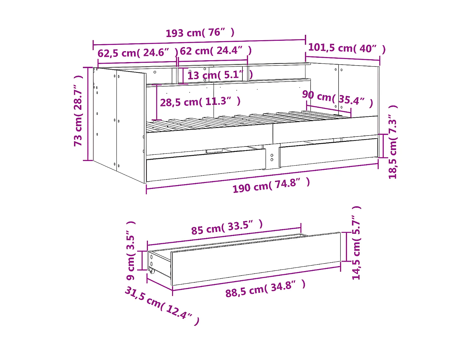Sofá-cama c/ gavetas 90x190 cm derivados de madeira preto