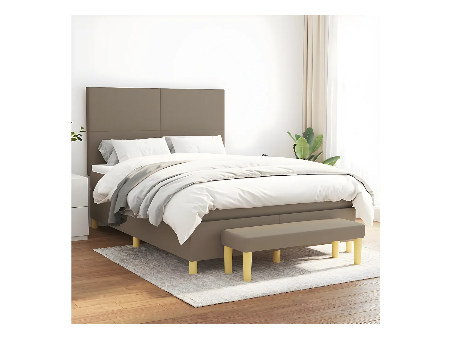 Cama box spring con colchón tela gris taupe 140x190 cm