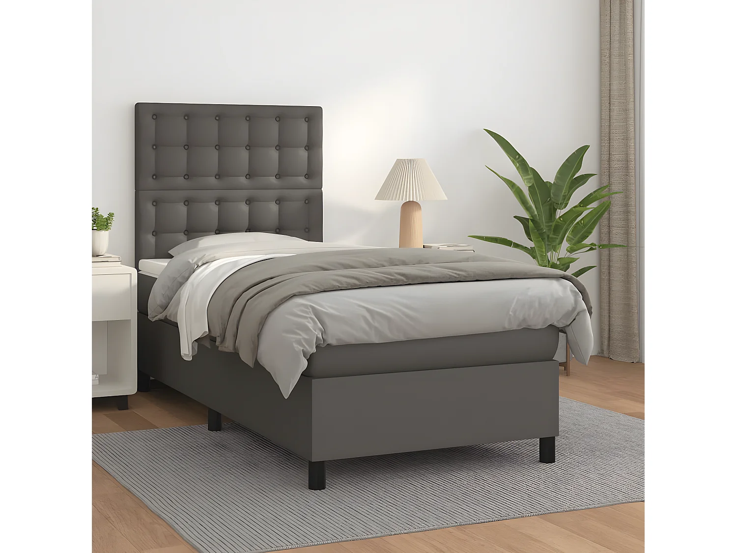 Cama box spring con colchón cuero sintético gris 80x200 cm