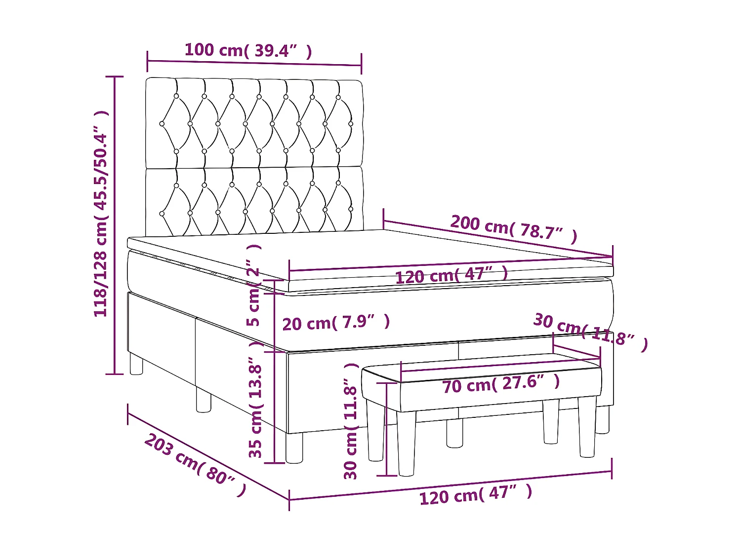 Cama box spring con colchón tela gris taupe 120x200 cm