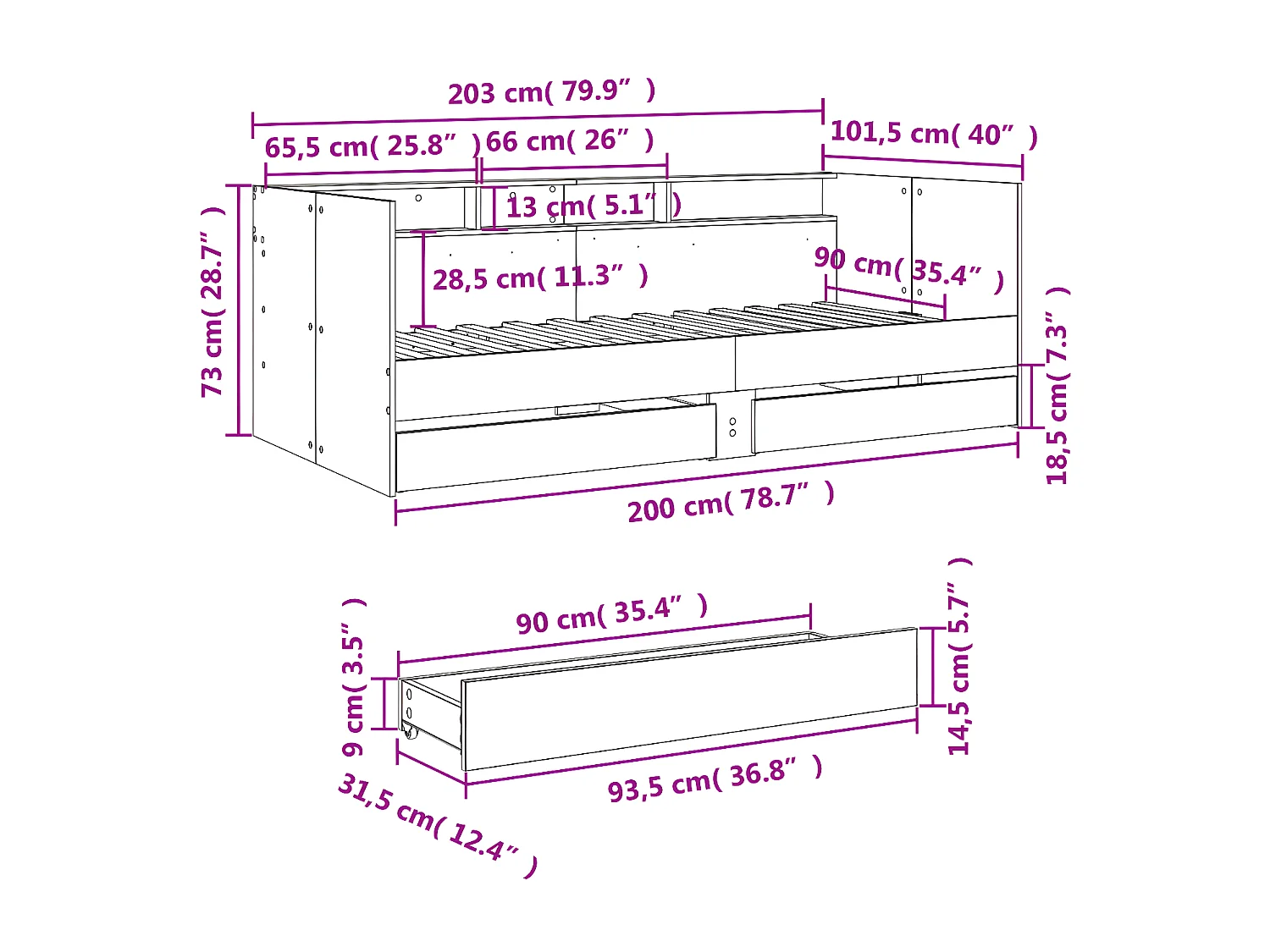 Sofá-cama com gavetas derivados de madeira carvalho sonoma
