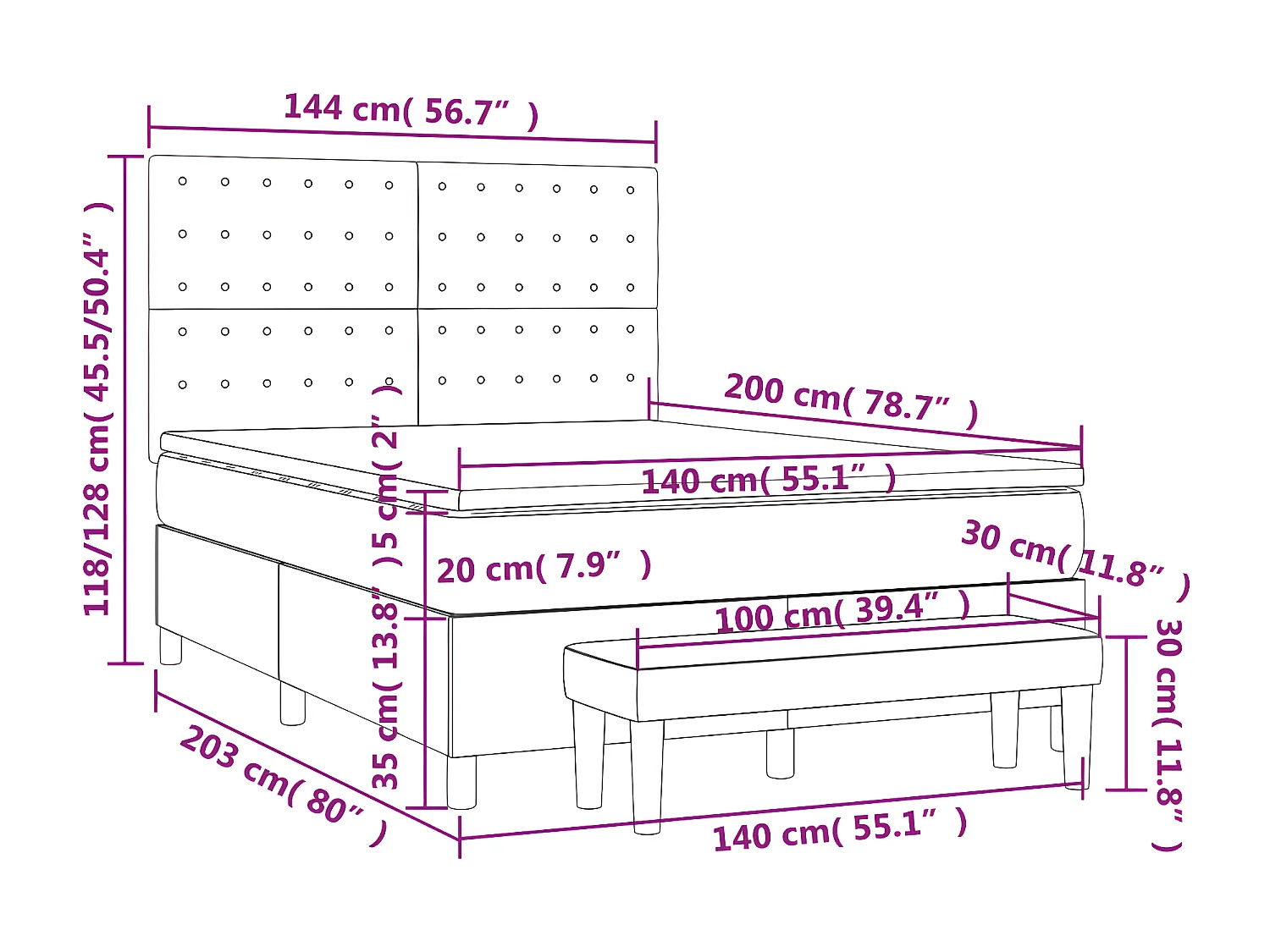 Cama box spring con colchón tela gris taupe 140x200 cm