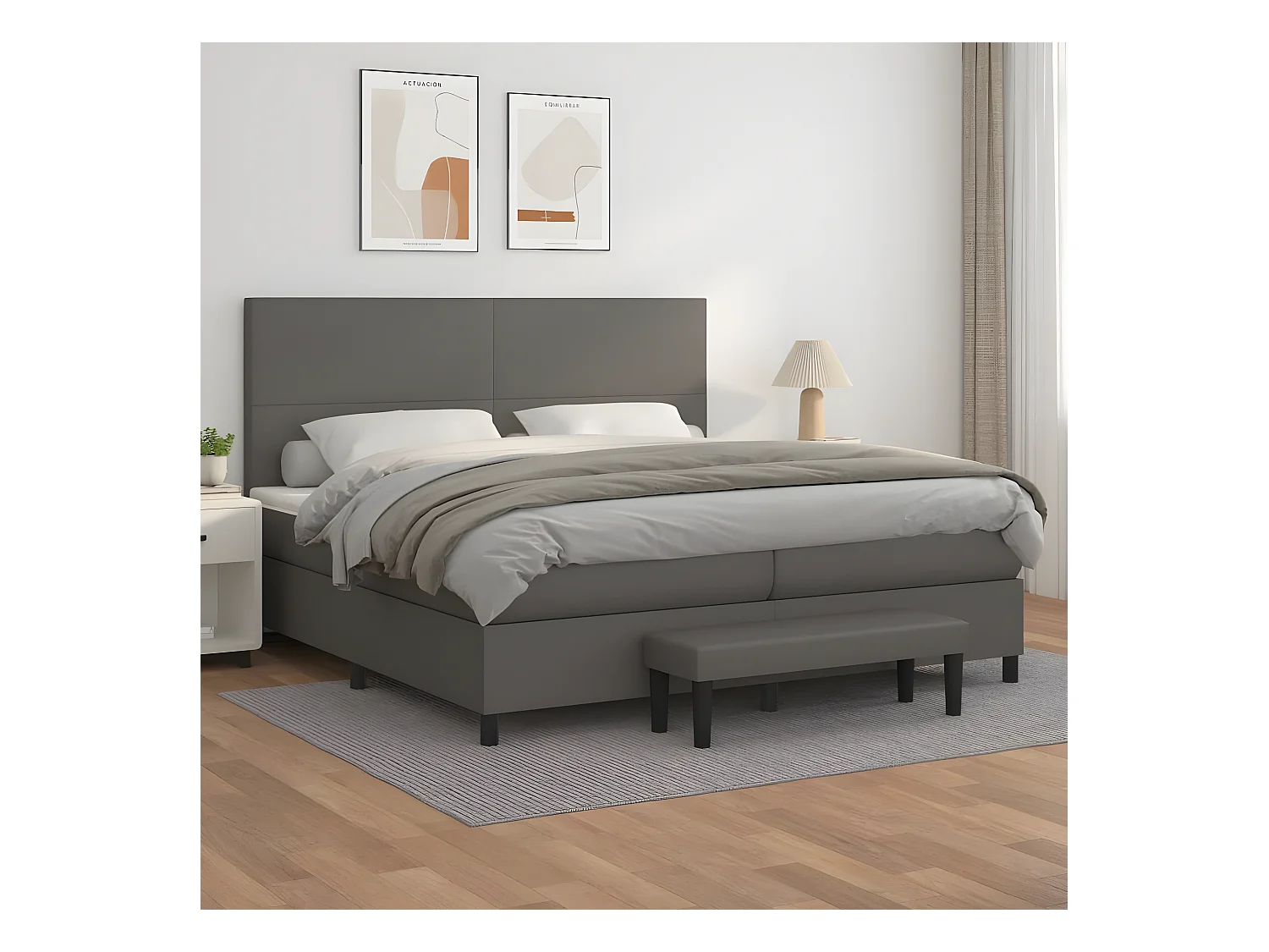 Cama box spring con colchón cuero sintético gris 200x200 cm