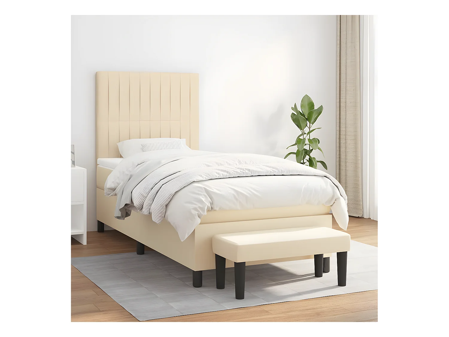 Cama box spring con colchón tela color crema 100x200 cm