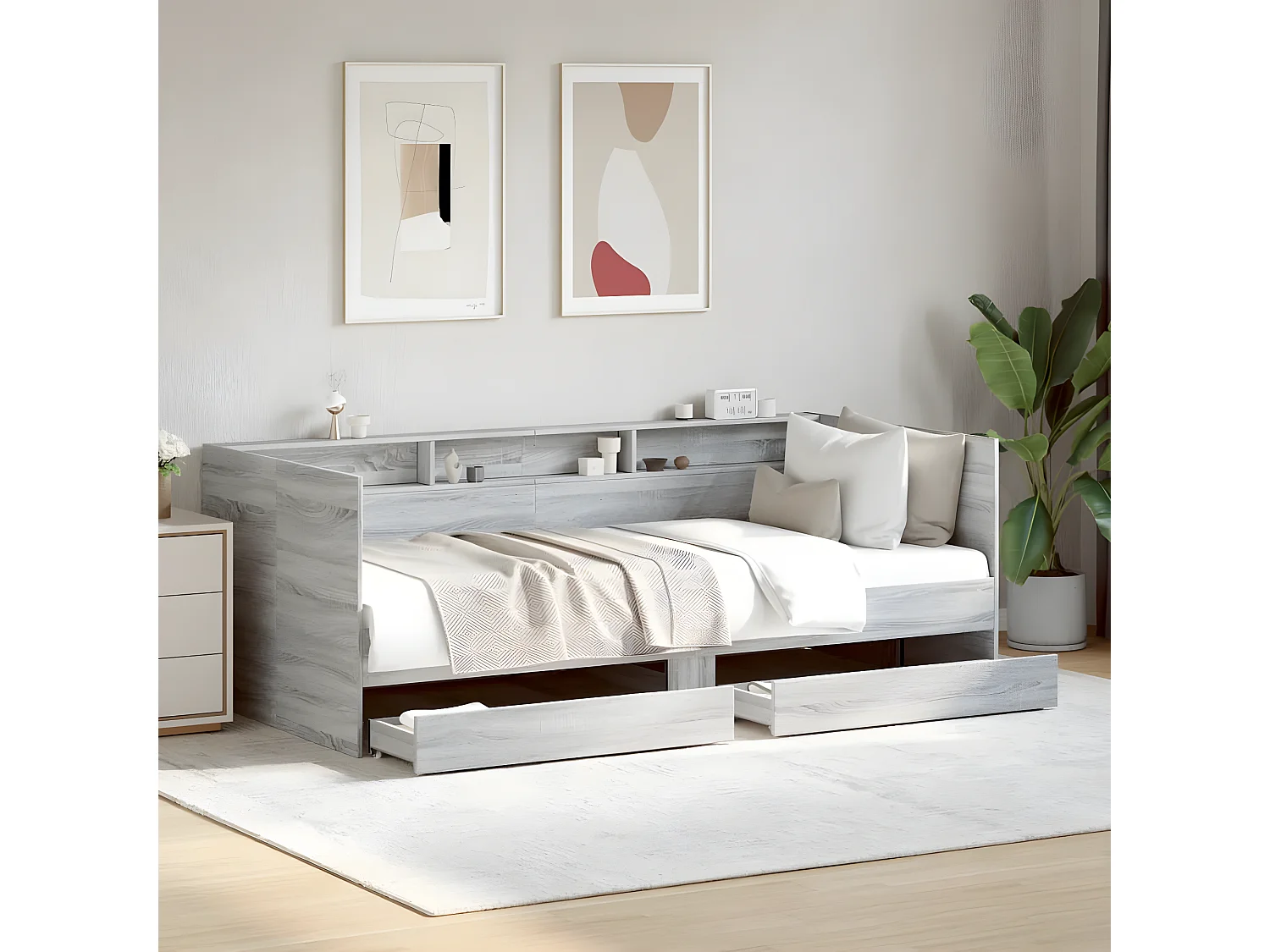 Lit de jour et tiroirs sonoma gris 100x200cm bois d'ingénierie