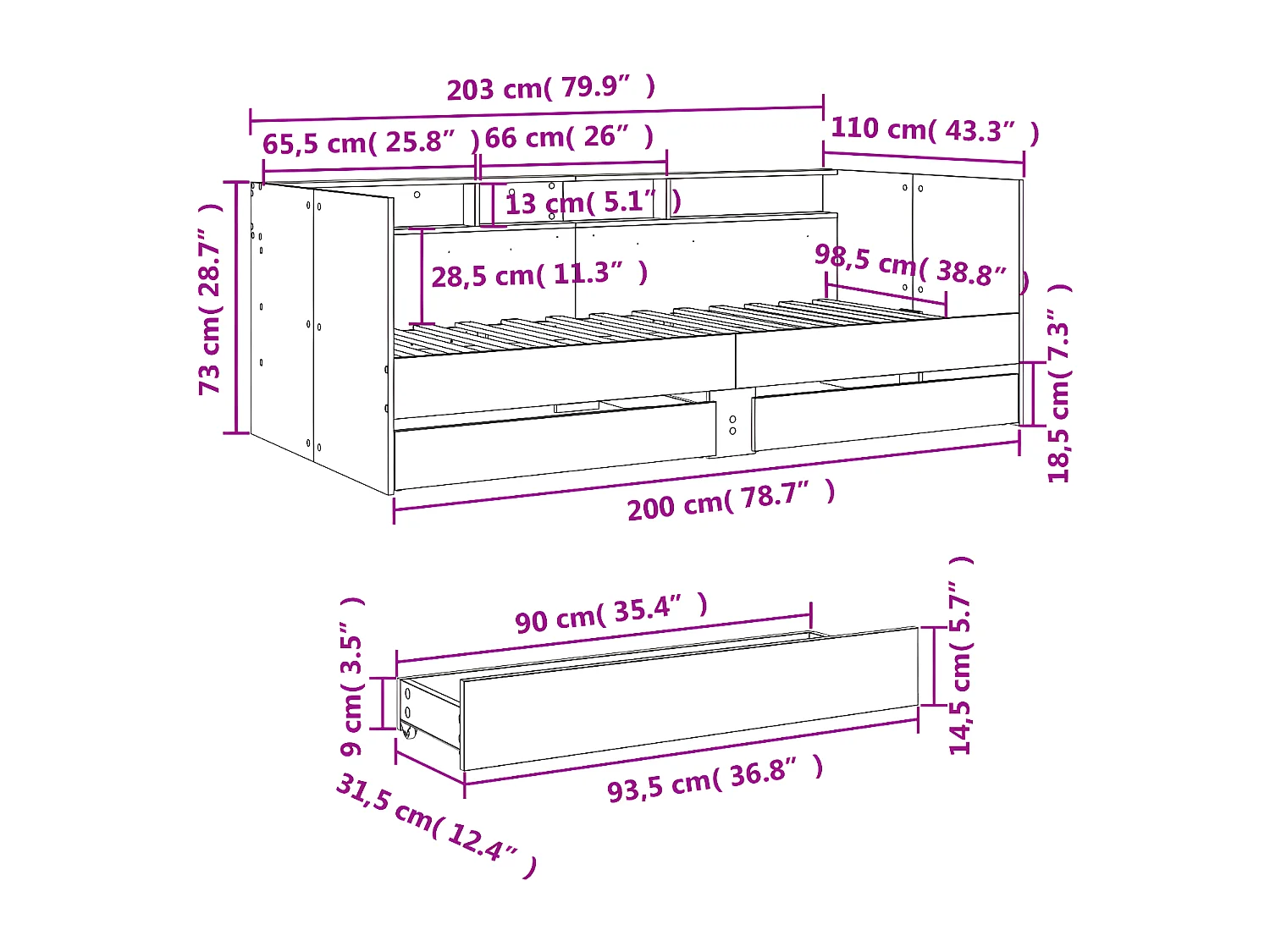 Lit de jour et tiroirs sonoma gris 100x200cm bois d'ingénierie