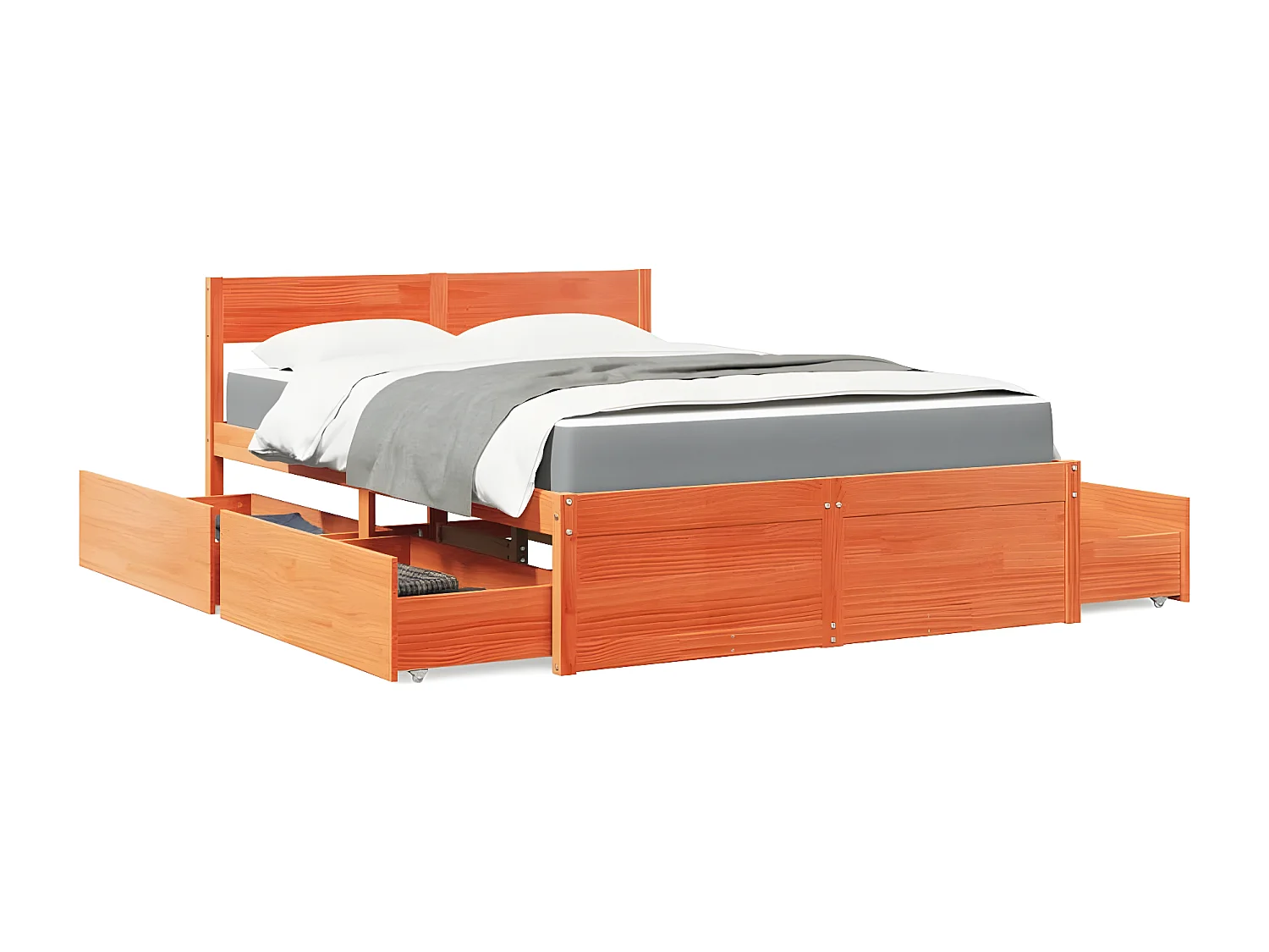 Lit avec tiroirs/matelas cire marron 140x190 cm bois massif pin
