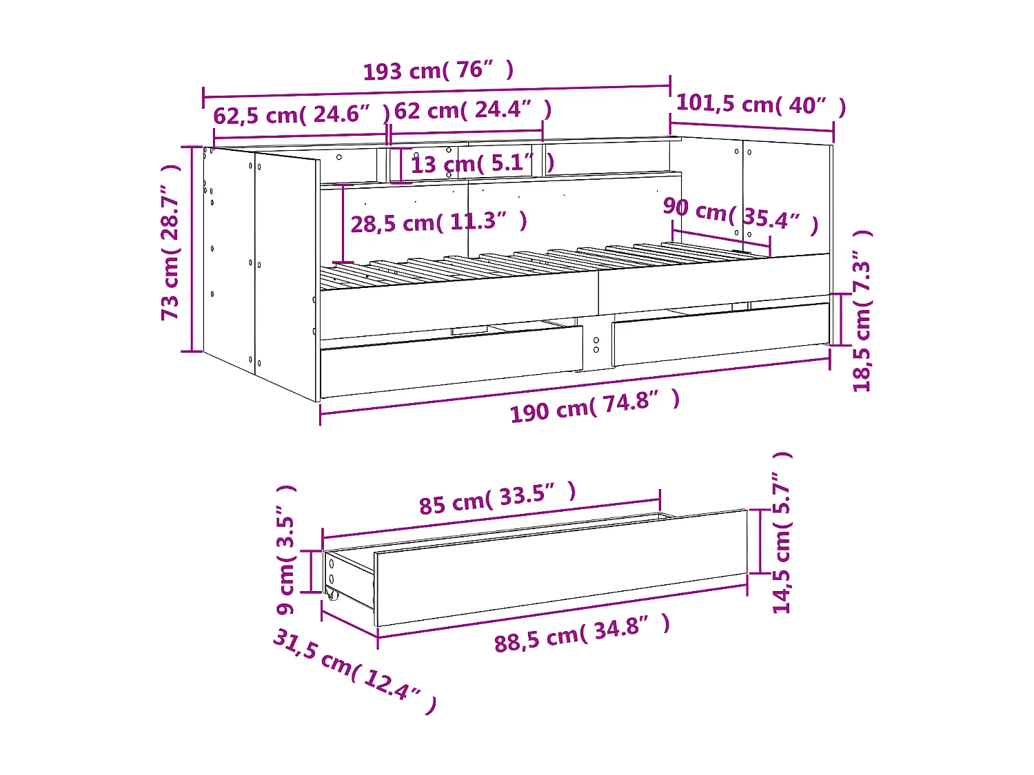 Lit de jour avec tiroirs blanc 90x190 cm bois d'ingénierie