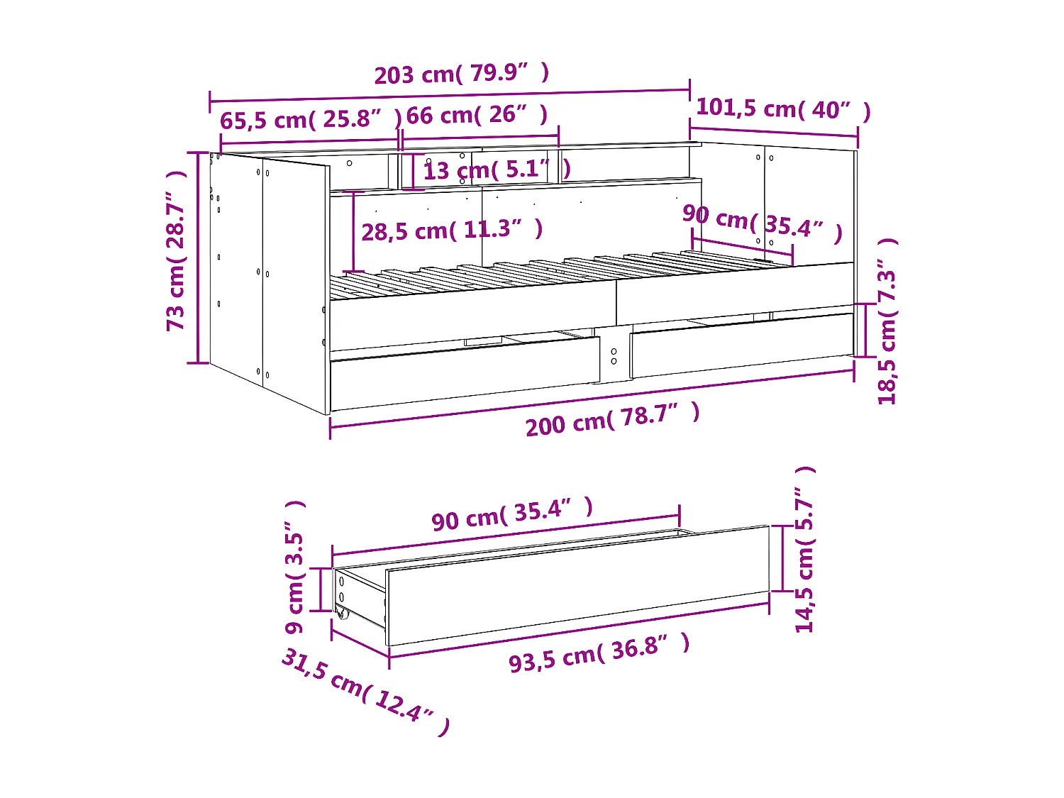 Sofá-cama c/ gavetas 90x200 cm derivados de madeira branco