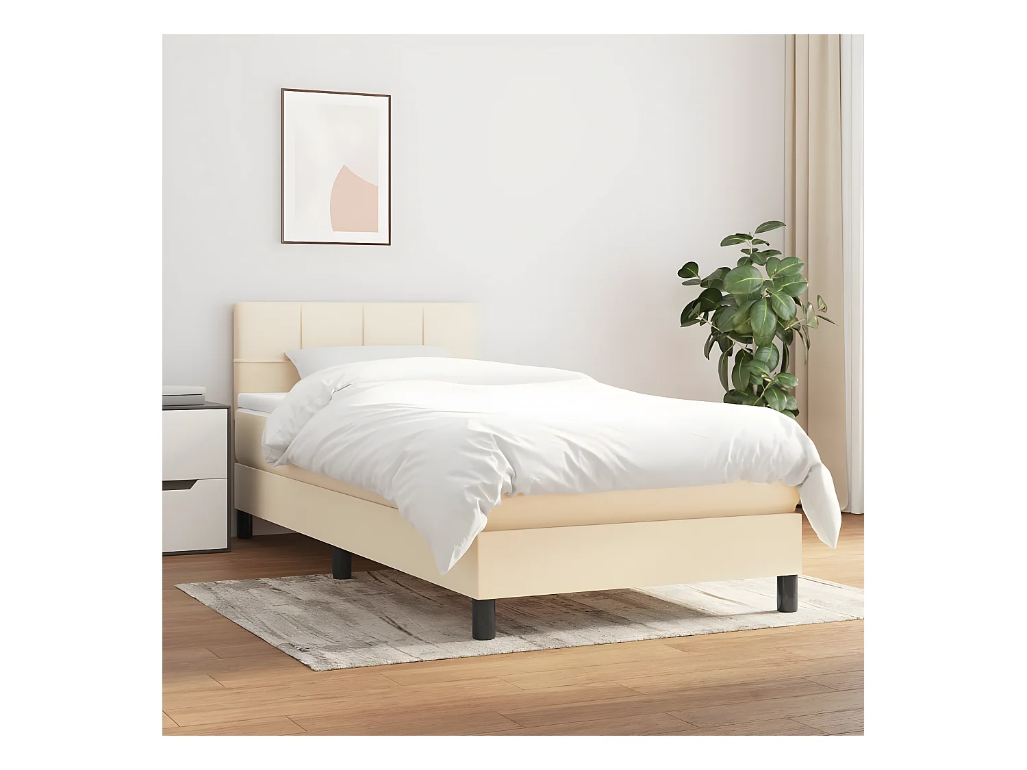 Cama box spring con colchón tela color crema 100x200 cm