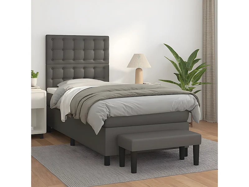 Cama box spring con colchón cuero sintético gris 90x200 cm