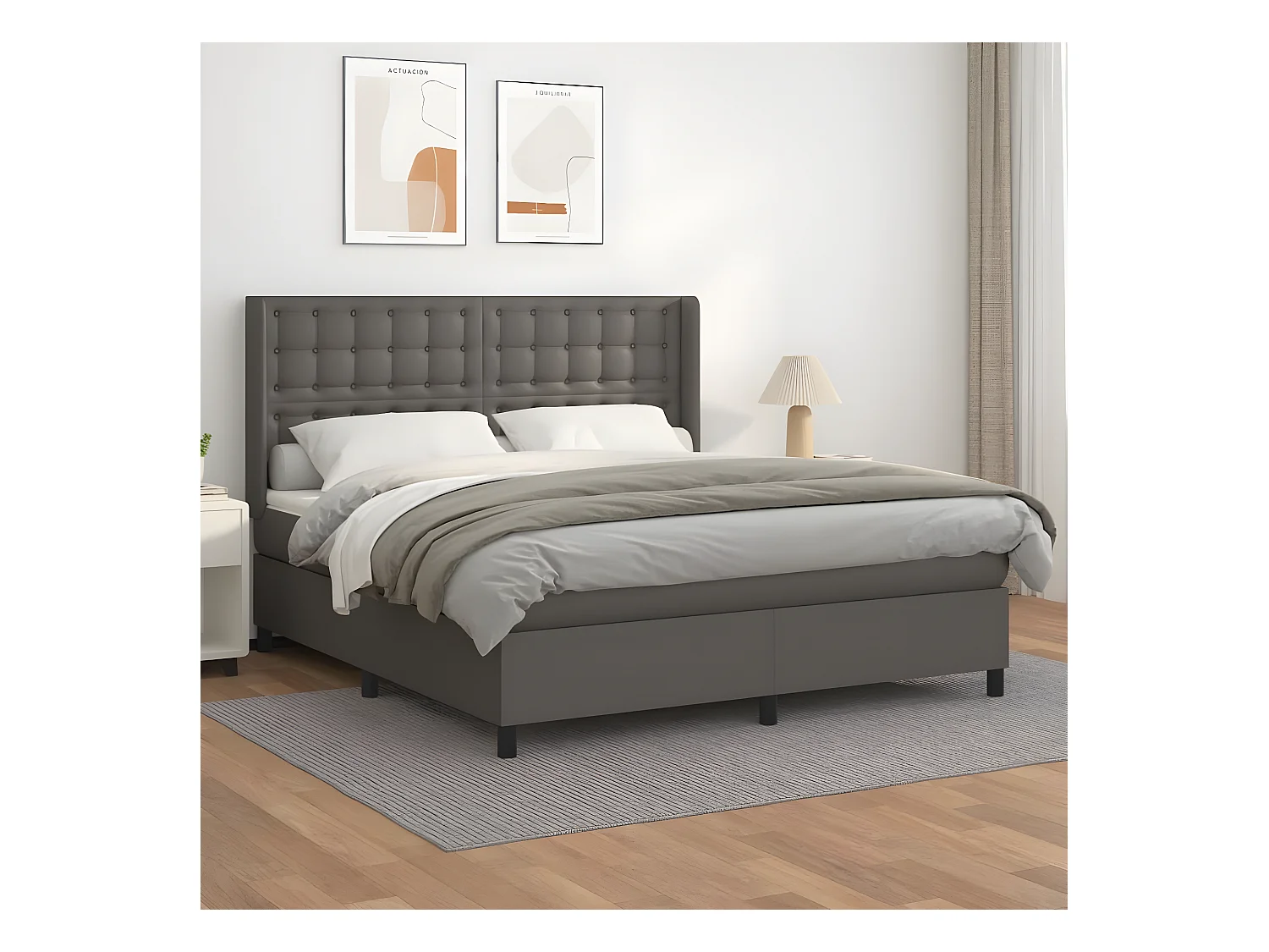 Cama box spring con colchón cuero sintético gris 160x200 cm