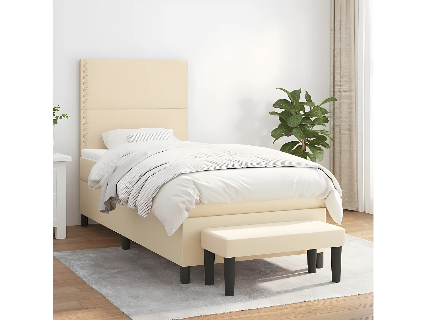 Cama box spring con colchón tela color crema 90x190 cm