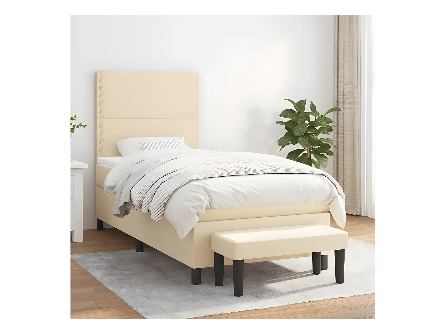 Cama box spring con colchón tela color crema 90x200 cm