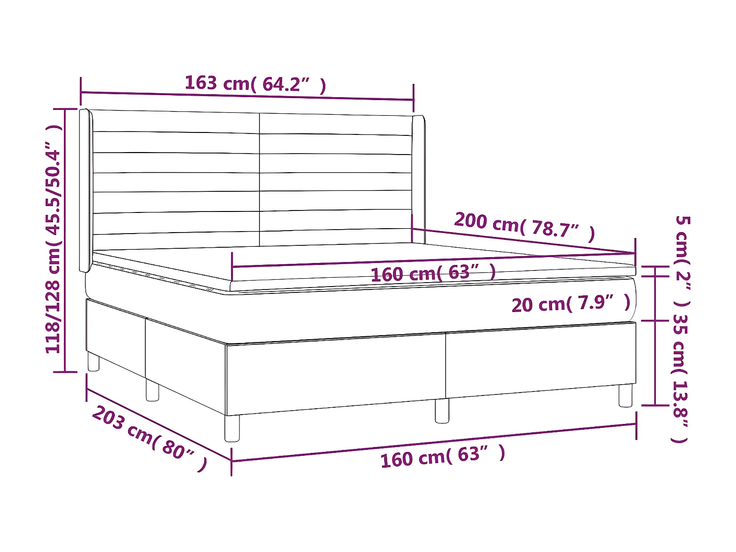 Cama box spring con colchón tela negro 160x200 cm
