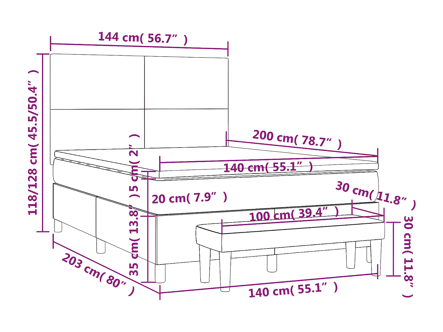 Cama box spring con colchón tela gris taupe 140x200 cm