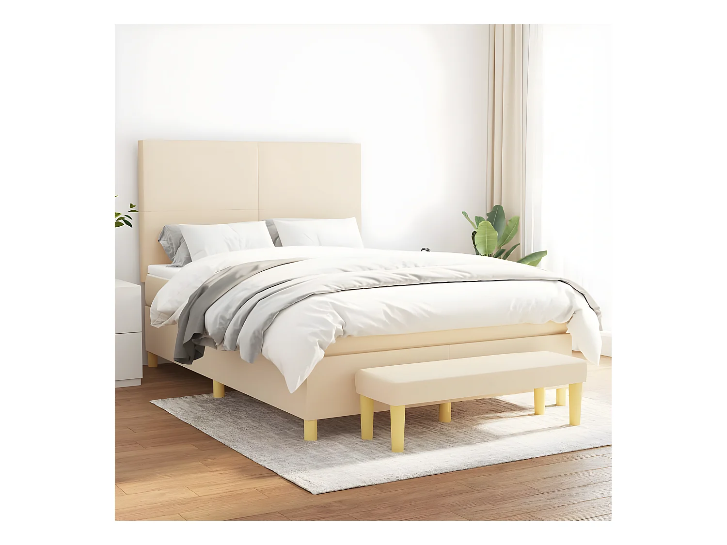 Cama box spring con colchón tela color crema 140x190 cm