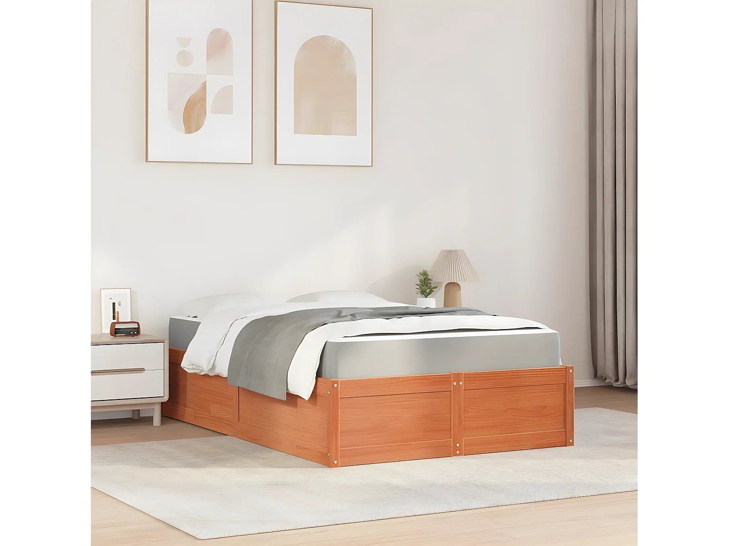 Cama con colchón madera maciza de pino marrón cera 120x190 cm