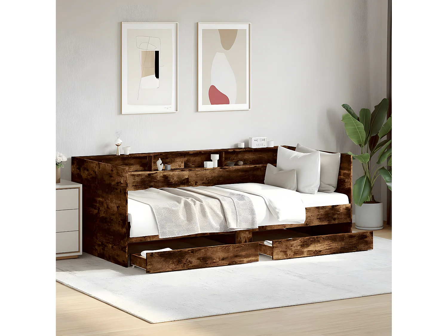 Lit de jour avec tiroirs chêne fumé 90x190 cm bois d'ingénierie