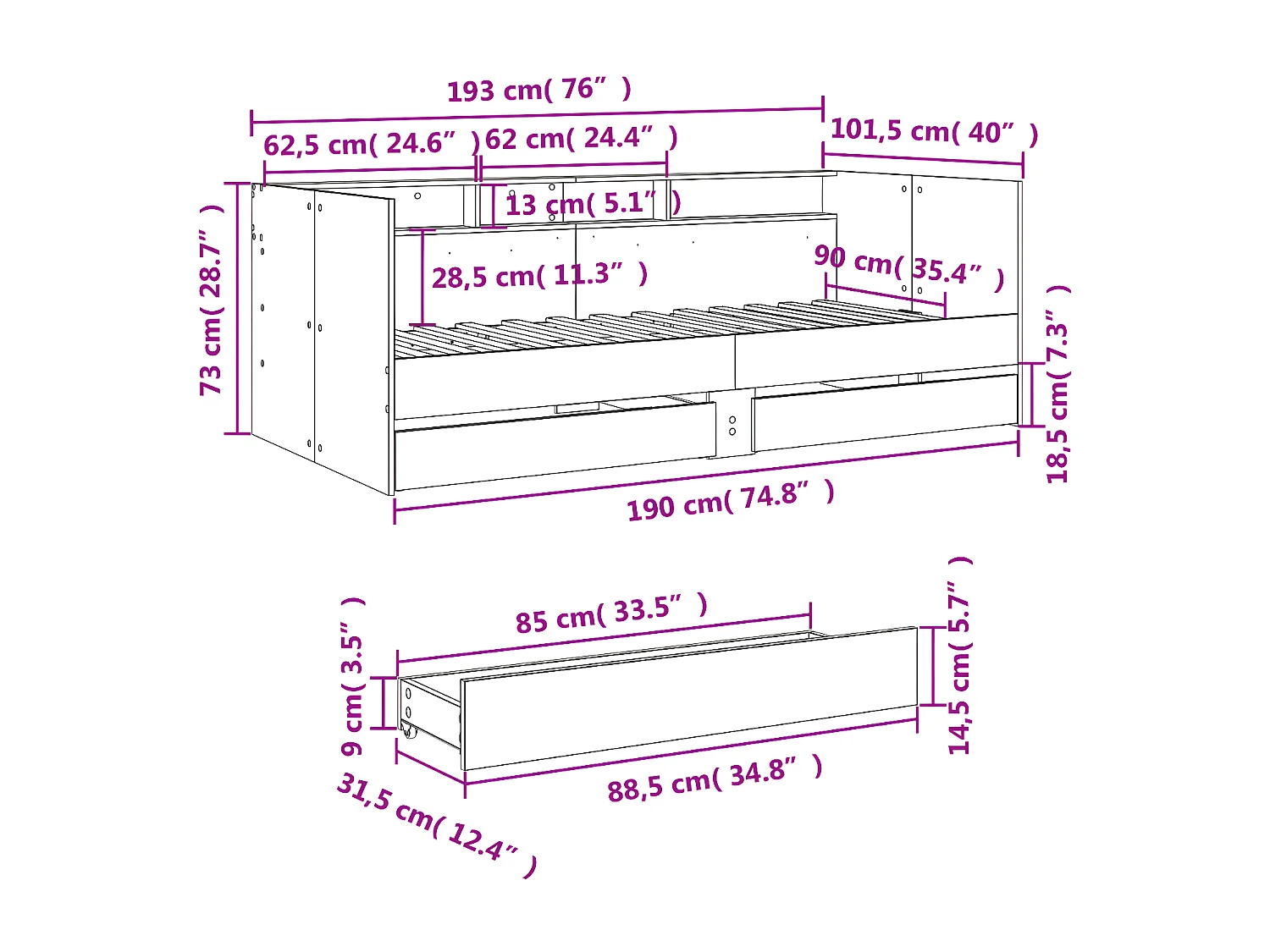 Lit de jour avec tiroirs chêne fumé 90x190 cm bois d'ingénierie