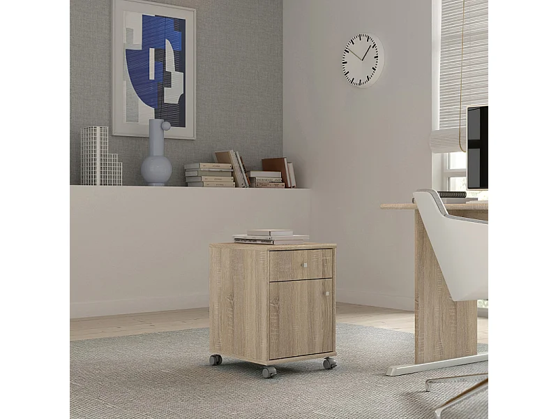 Caisson sur roulettes décor chêne sonoma et effet aluminium - MARIA