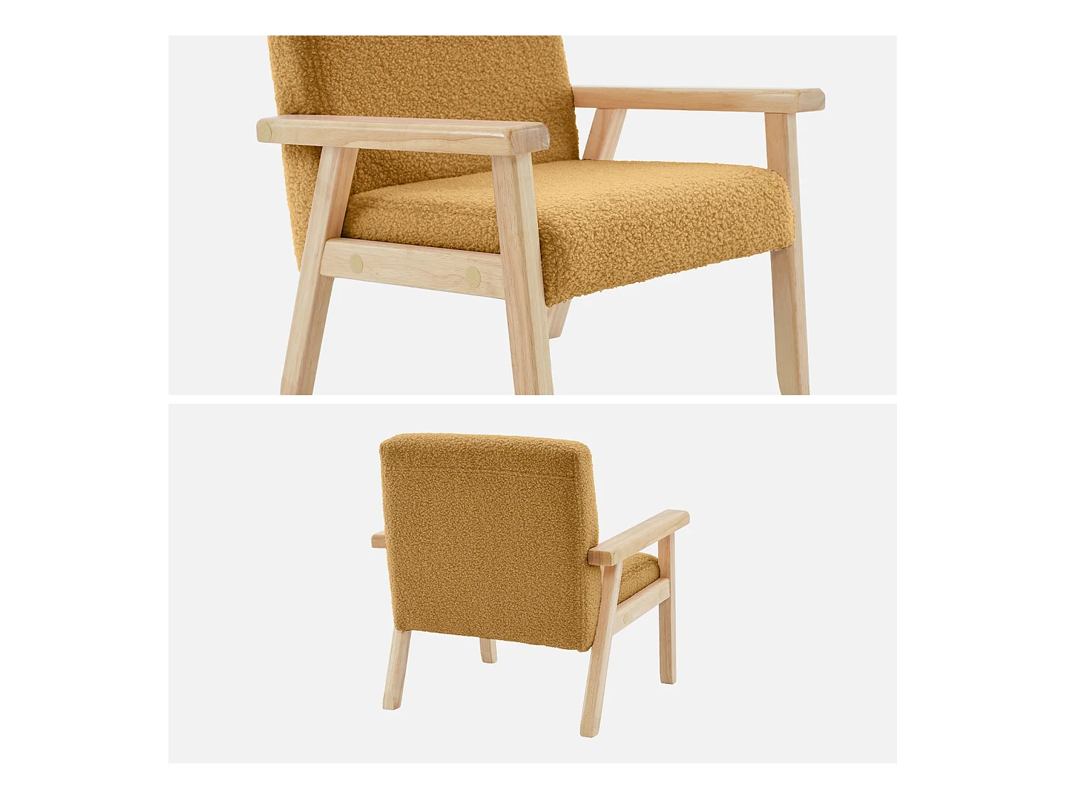 Fauteuil enfant en bois et tissu bouclette moutarde. ISAK L 47 x P 43.5 x H 50cm