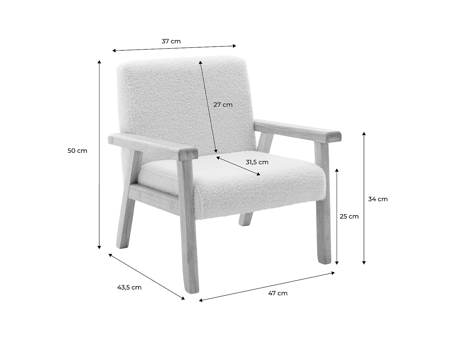 Fauteuil enfant en bois et tissu bouclette moutarde. ISAK L 47 x P 43.5 x H 50cm