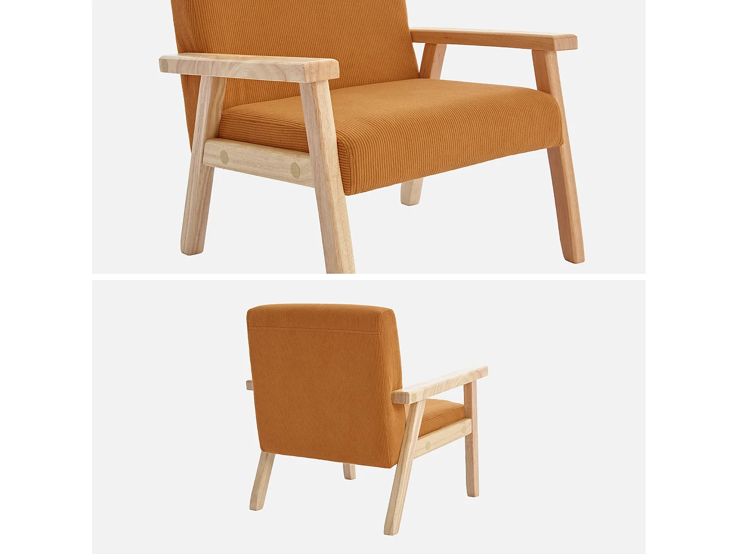 Poltrona scandinava per bambini in velluto a coste e legno di hevea,