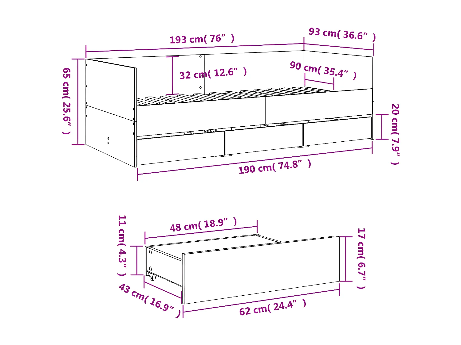 Tumbona con cajones madera de ingeniería blanco 90x190 cm