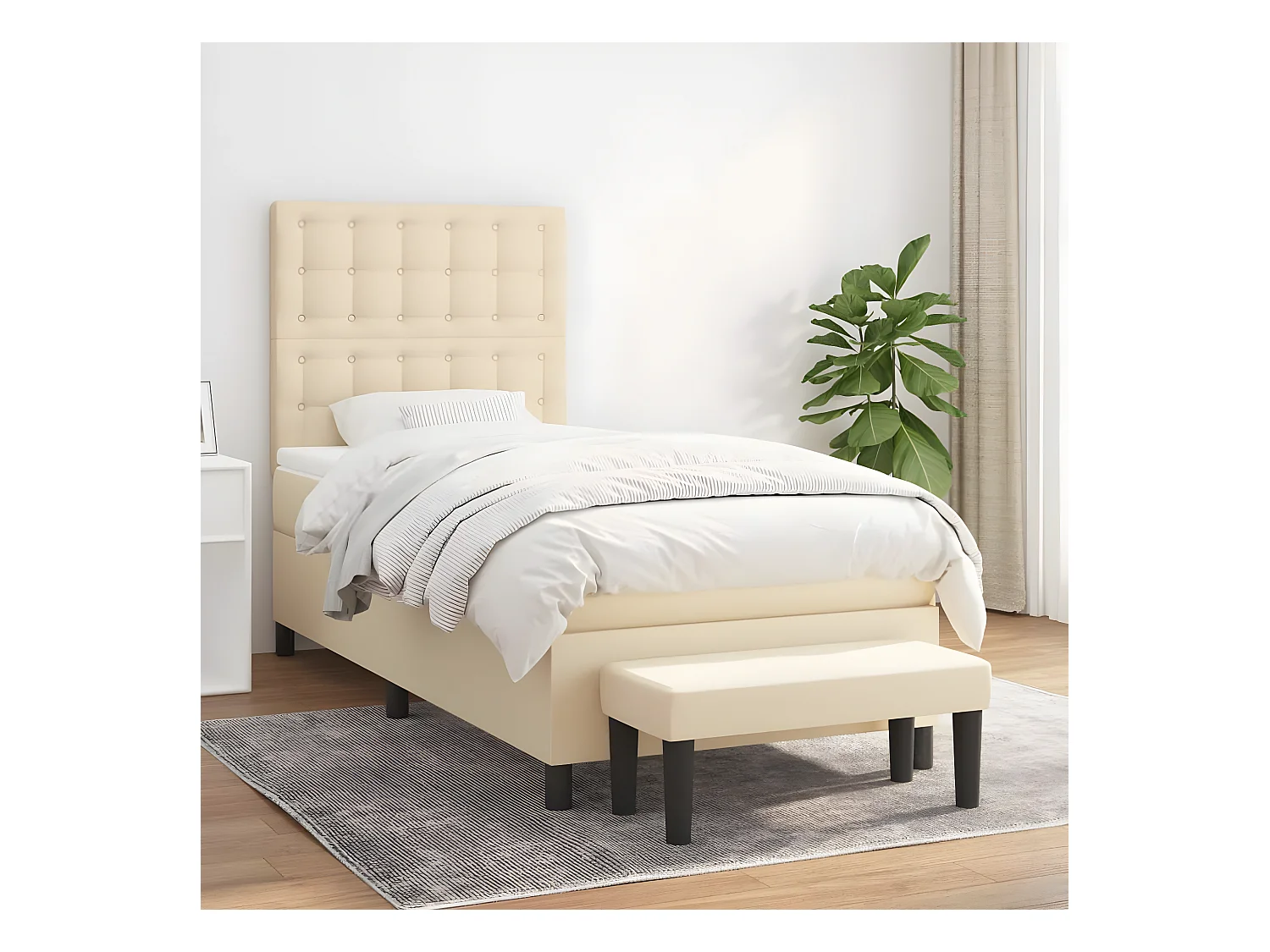 Cama box spring con colchón tela color crema 90x200 cm