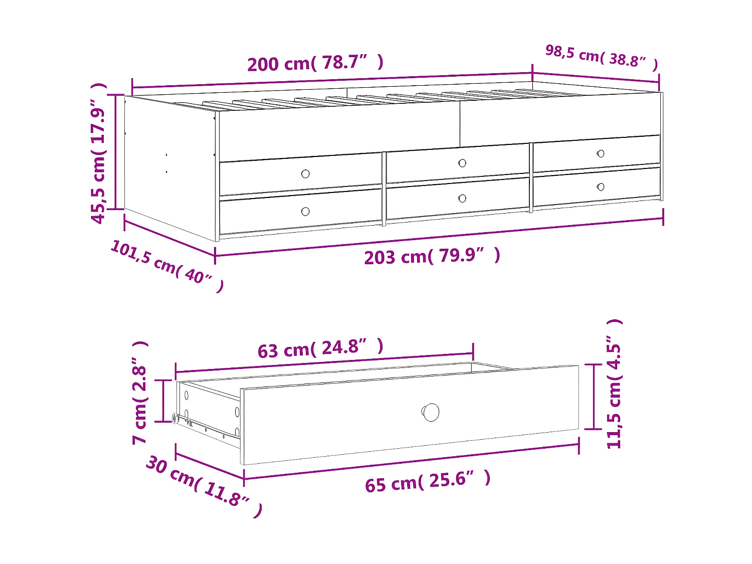 Sofá-cama c/ gavetas 100x200 cm derivados de madeira branco