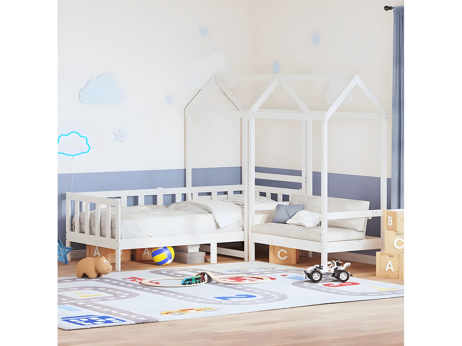 Conj. sofá-cama e banco c/ telhado 90x190cm pinho maciço branco