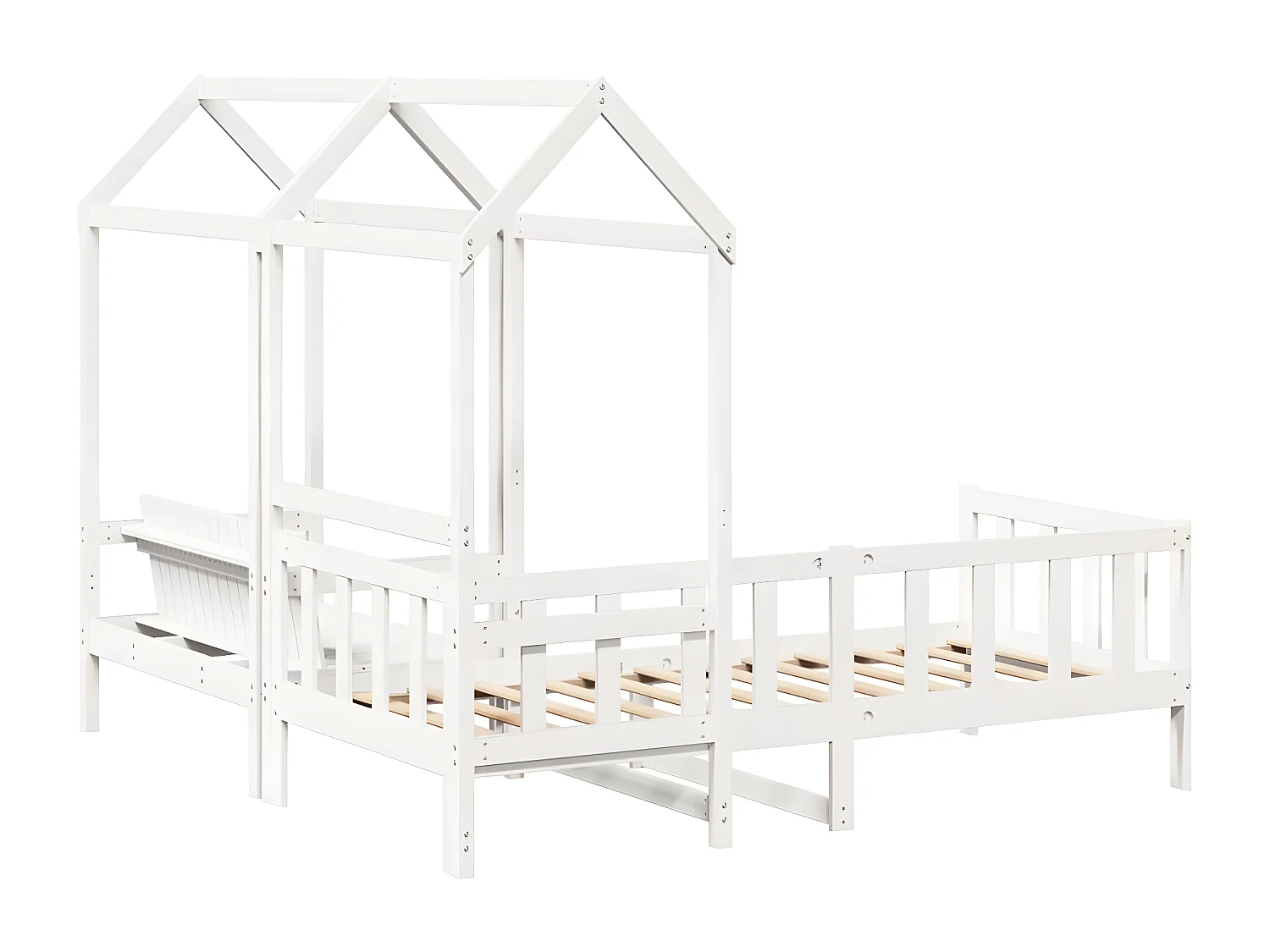 Conj. sofá-cama e banco c/ telhado 90x190cm pinho maciço branco