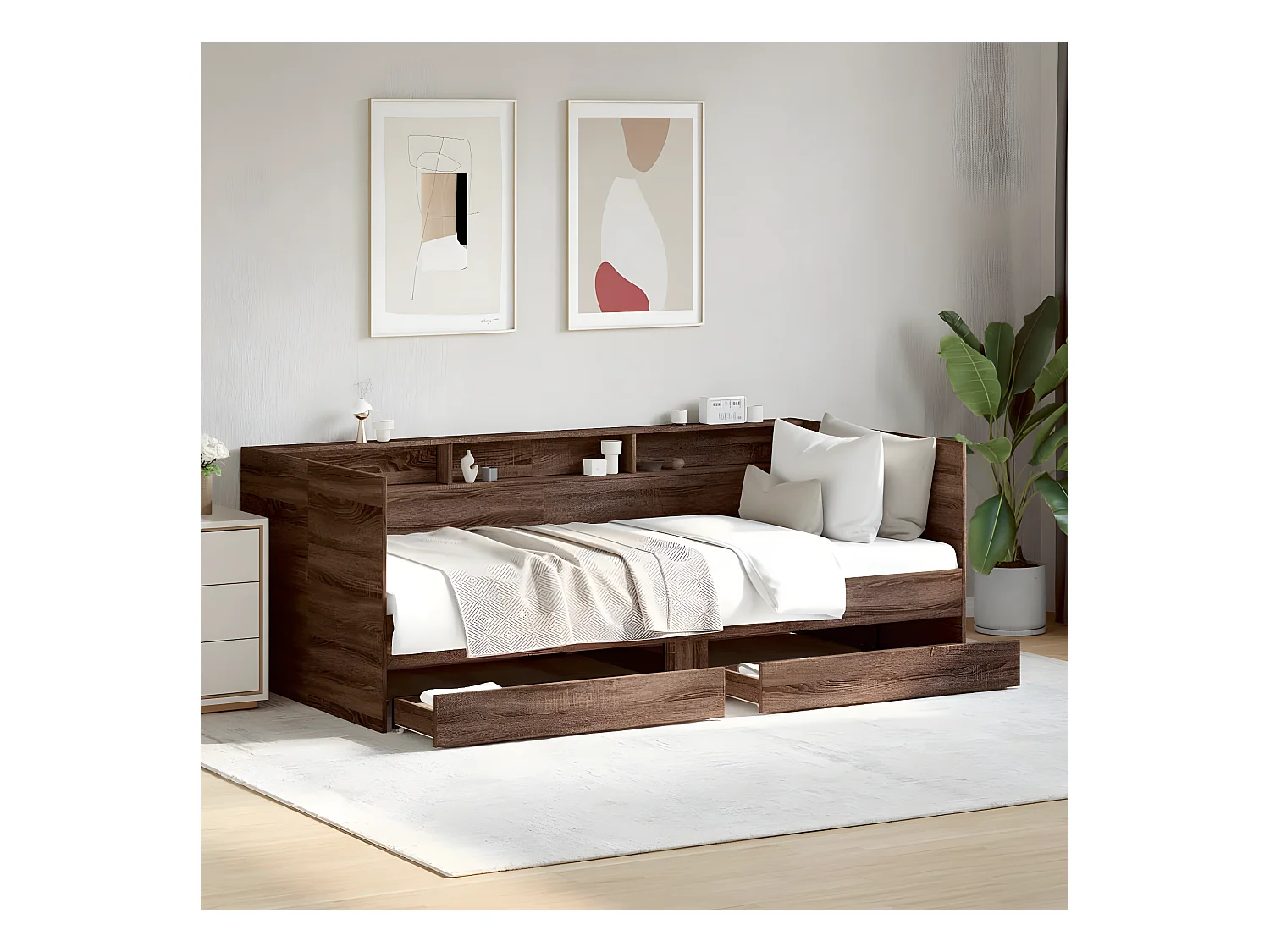 Lit de jour et tiroirs chêne marron 90x190 cm bois d'ingénierie