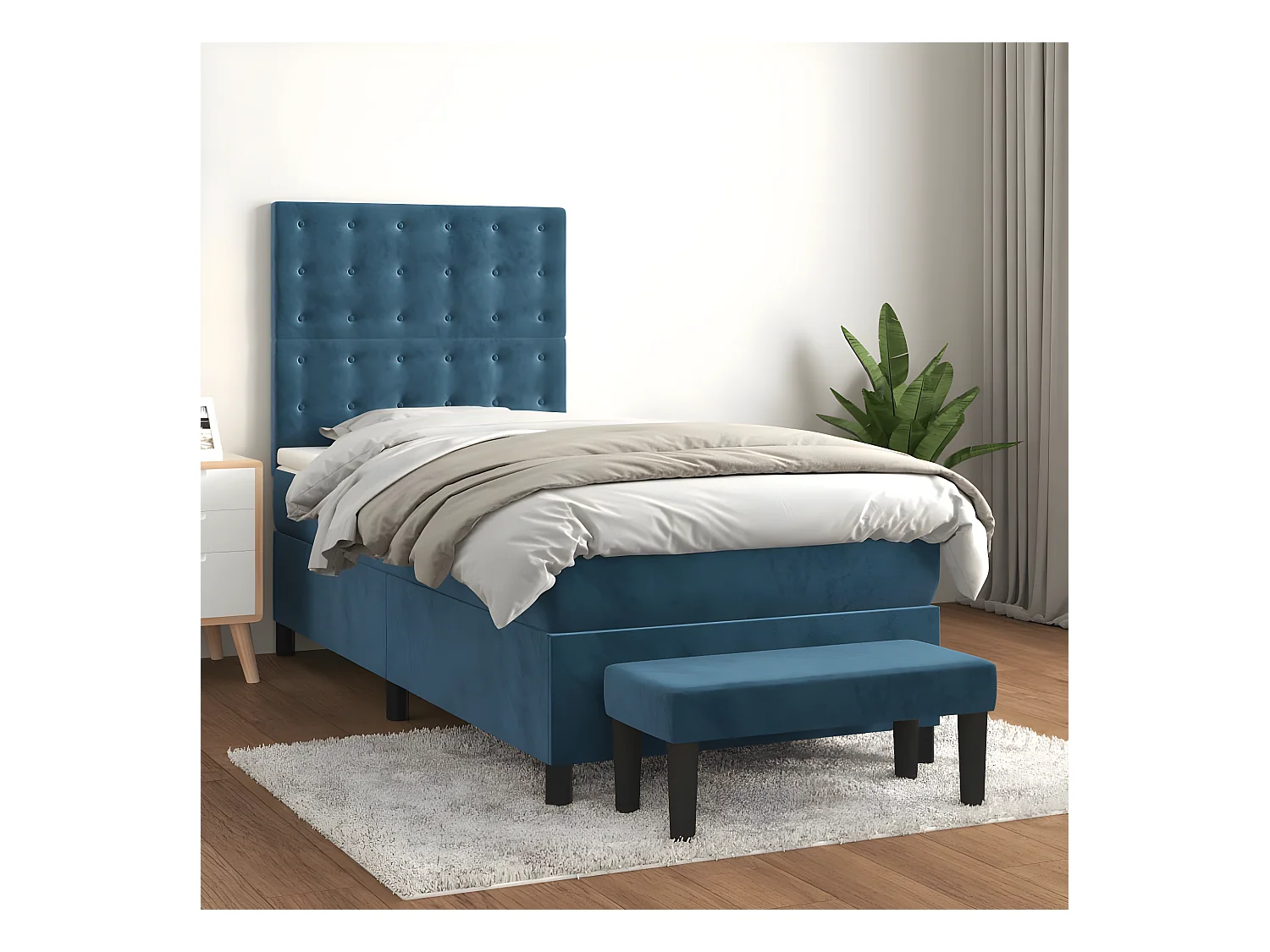 Cama box spring con colchón terciopelo azul oscuro 90x190 cm