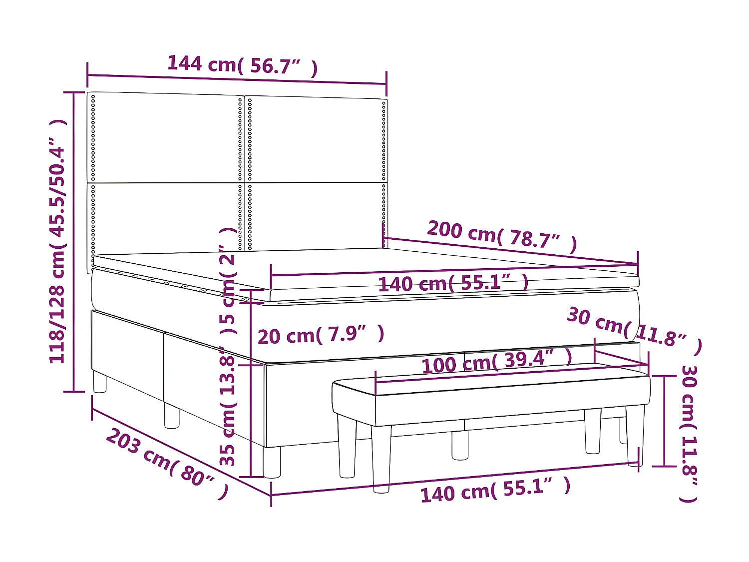 Cama box spring con colchón cuero sintético capuchino 140x200cm