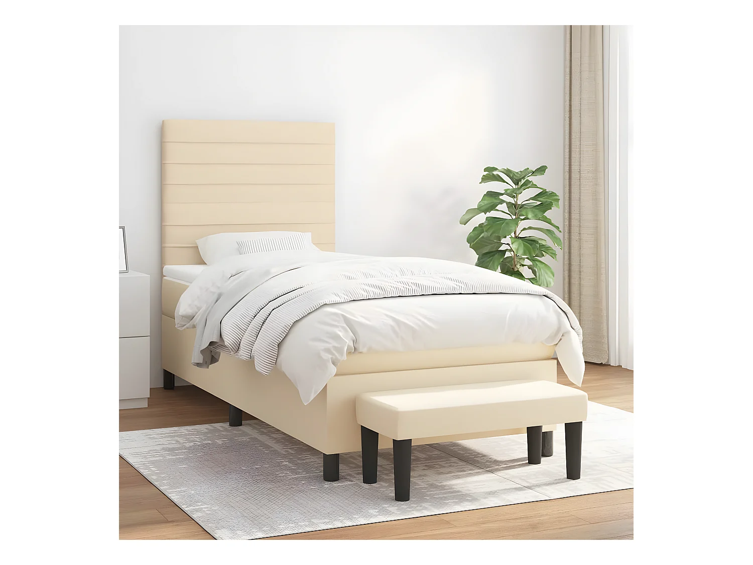 Cama box spring con colchón tela color crema 90x200 cm