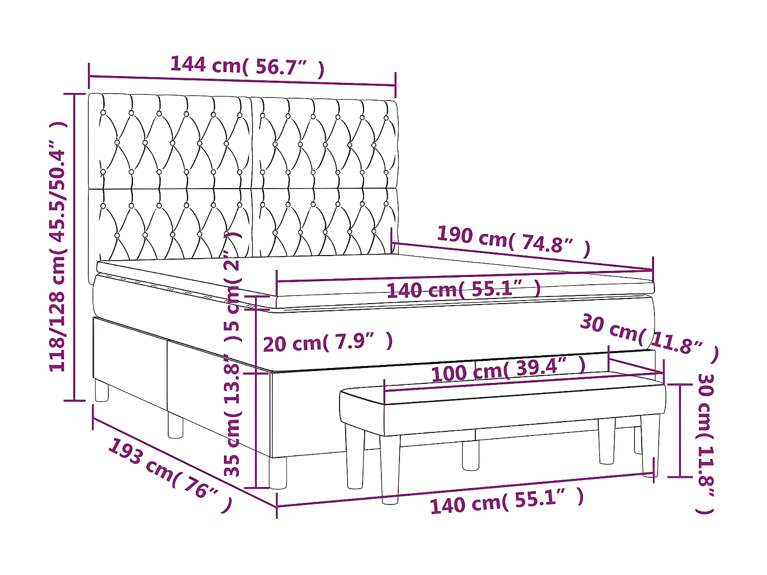 Lit à sommier tapissier avec matelas Noir 140x190 cm Velours