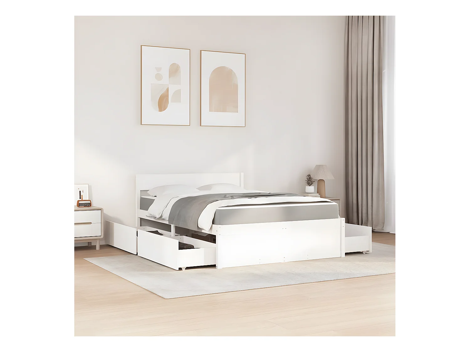 Lit avec tiroirs et matelas blanc 120x190 cm bois massif de pin
