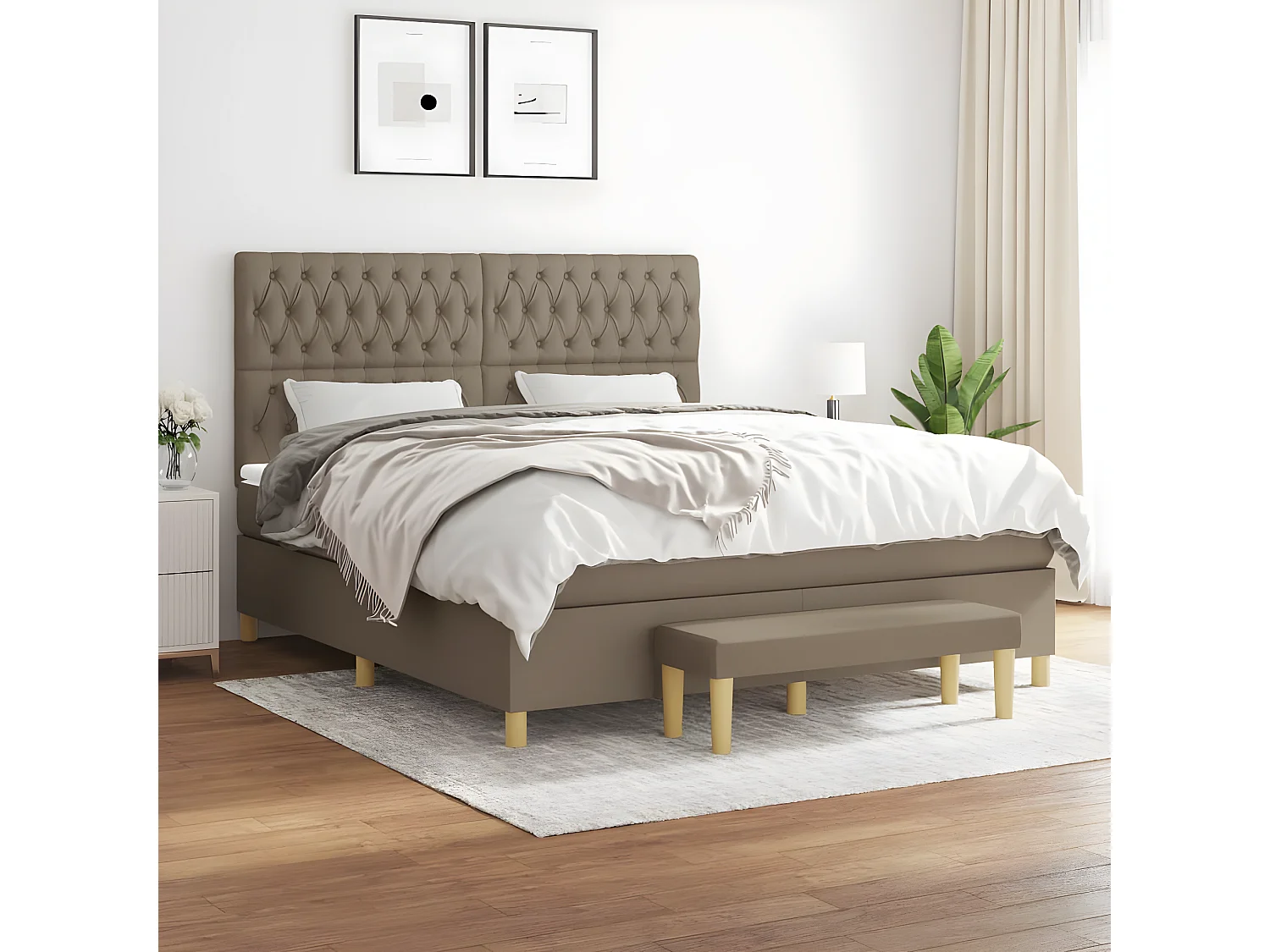 Cama box spring con colchón tela gris taupe 180x200 cm